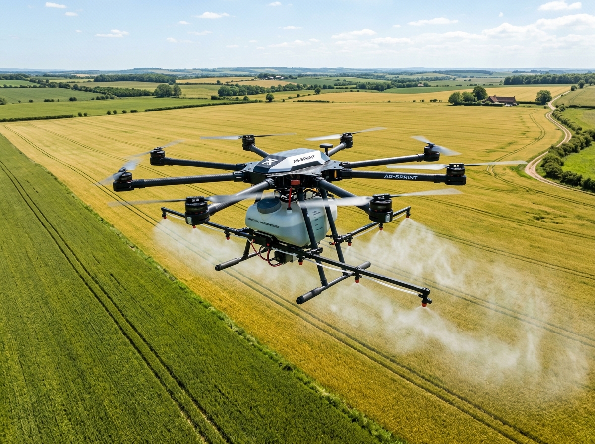 Agricultural heavy-lift spraying drone in field