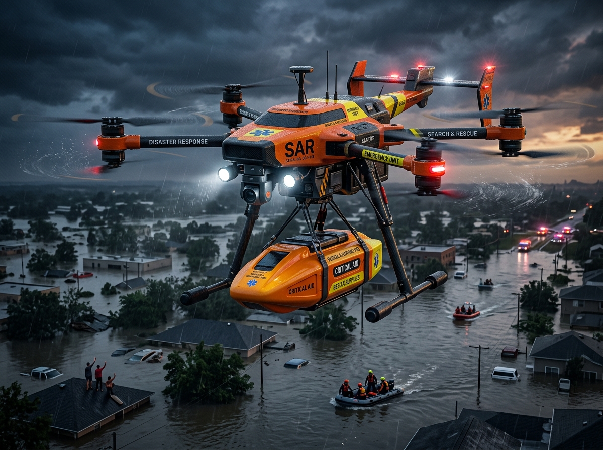 Emergency response drone flying over disaster relief scenario