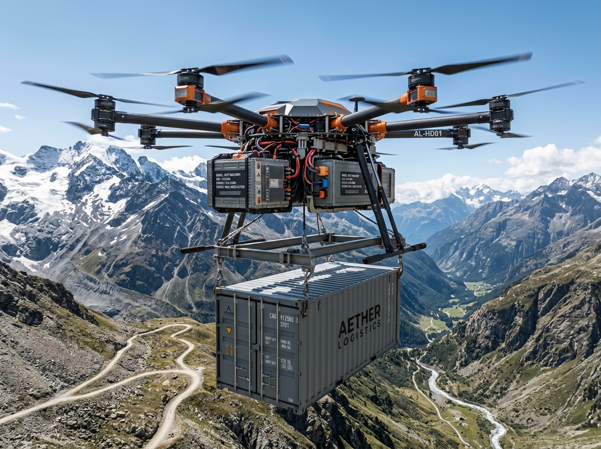 Heavy-lift cargo drone transporting freight container in mountainous terrain